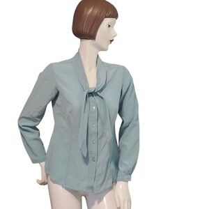 Pendleton Silk Womens Seafoam Blue  Bow Tie Neck Button Front Blouse Size 6